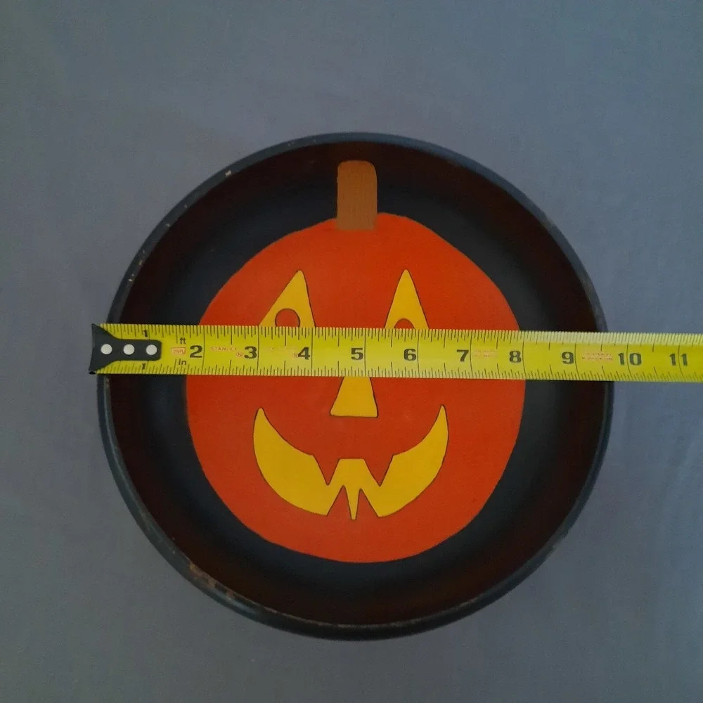 Halloween Hand Painted Wood Bowl Jack O Lantern Witch Black Cat Primitive Rustic